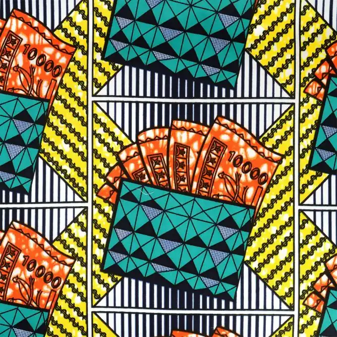 Baumwollstoff mit orangefarbenem Geldscheinmotiv im Wax-Stil Premium