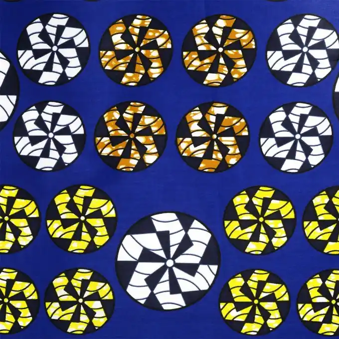 Wax-Baumwollgewebe mit Mühlenmotiv in Blau und Gelb Abverkauf