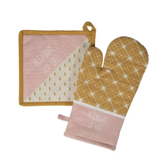 Preisreduziert Handschuh- und Topflappen-Set rosa ockergelb