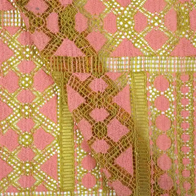 Spitzenstoff zweifarbig Geomuster Koralle gelb Heute Kaufen