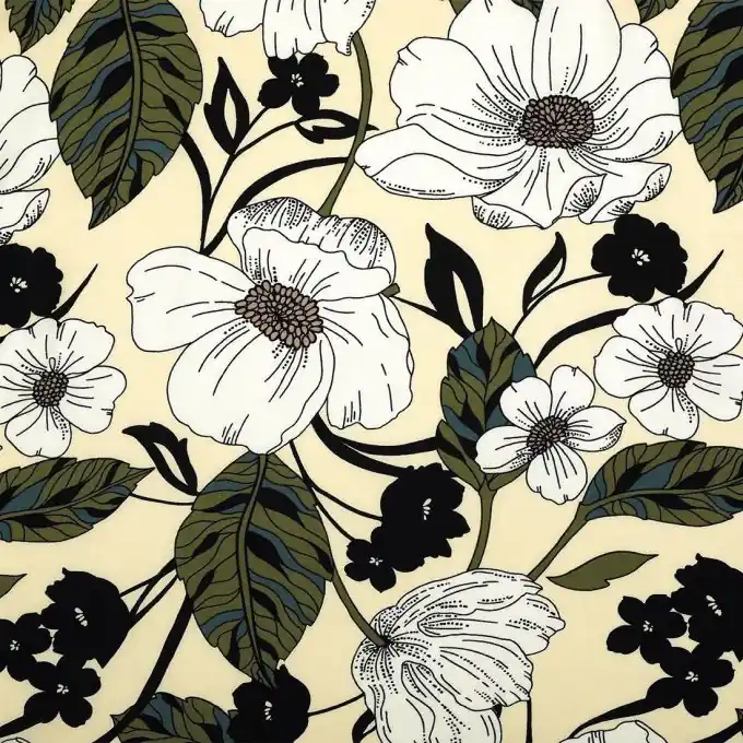 Handgefertigt Viskosestoff Kaki mit großen weißen Blumen 135 cm Breite