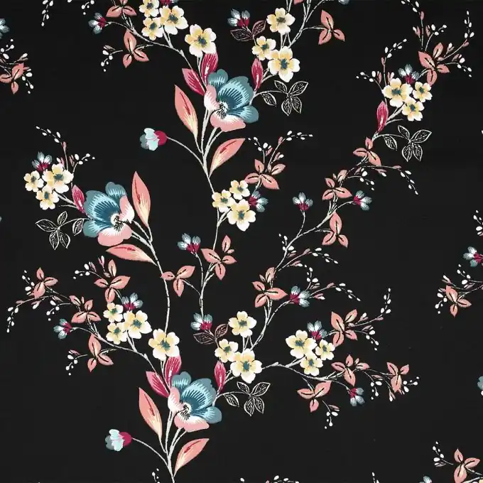 Baumwollsatin Stoff Schwarz Buntblumen 140cm Breite Geld-Zurück-Garantie