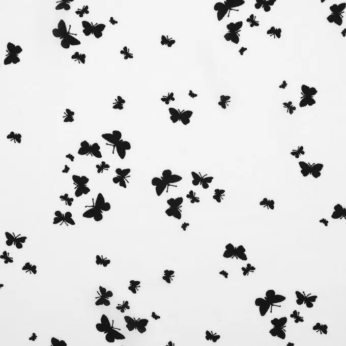 Online Kaufen Mousseline Stoff Weiß mit Schwarzen Schmetterlingen, 150 cm Breit