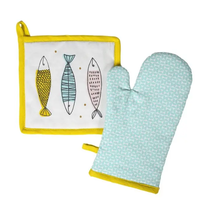 Saisonangebot Handschuh- und Topflappen-Set ecru blau Ciotat