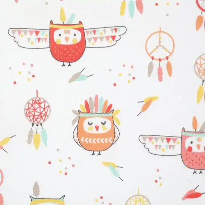 Billig Baumwollstoff mit Eule in Korallenrot