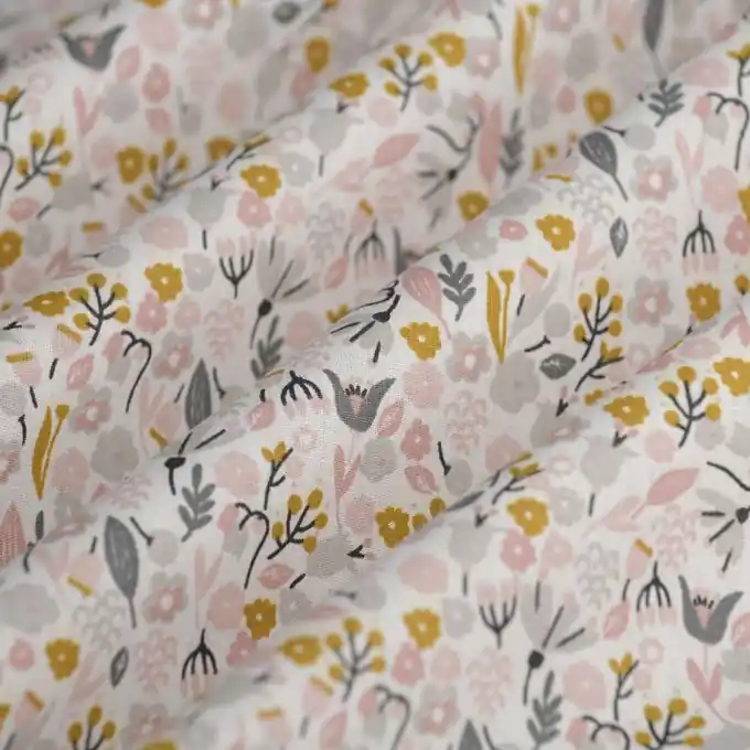Markenware Baumwollstoff mit rosa und grauen Blumen