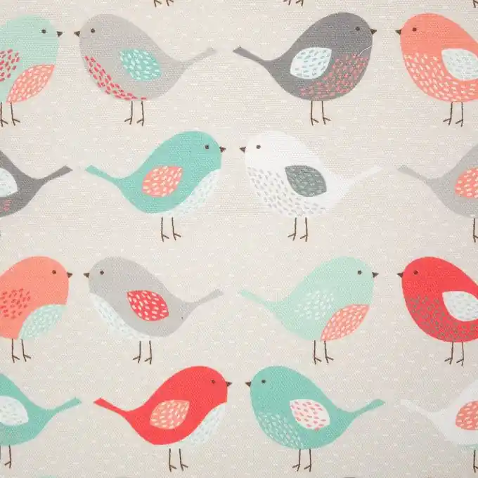 Rabatt Dicker Baumwollstoff mit korallenroten und grünen Vögeln