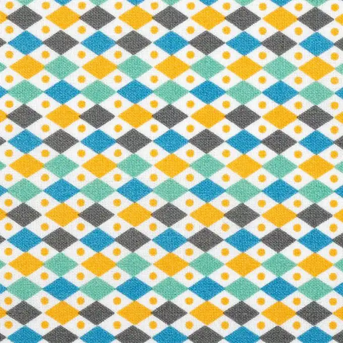 Baumwollstoff mit gelben, blauen und grünen Rauten Rabatt