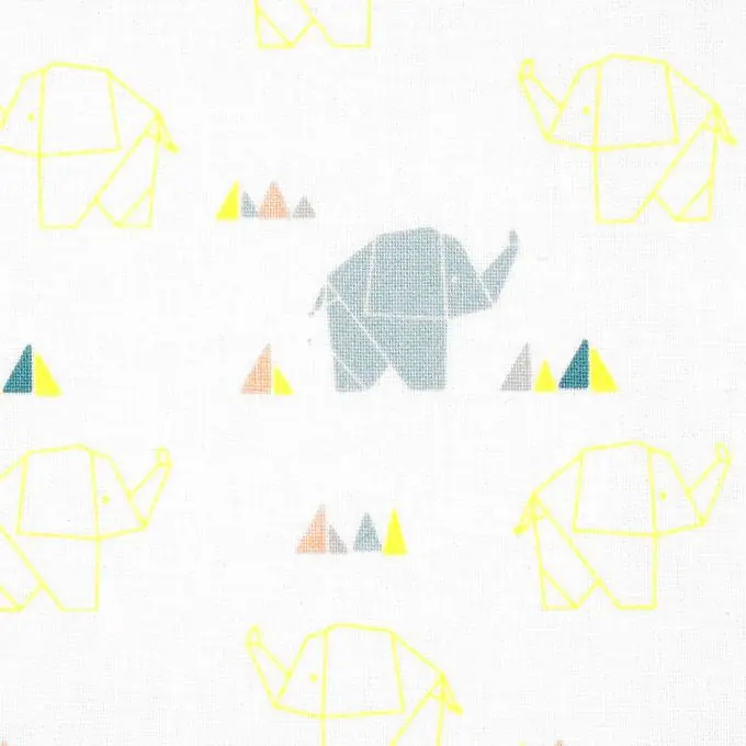 Baumwollstoff mit Origami-Elefantenmotiven in Blau und Neon Jetzt Bestellen