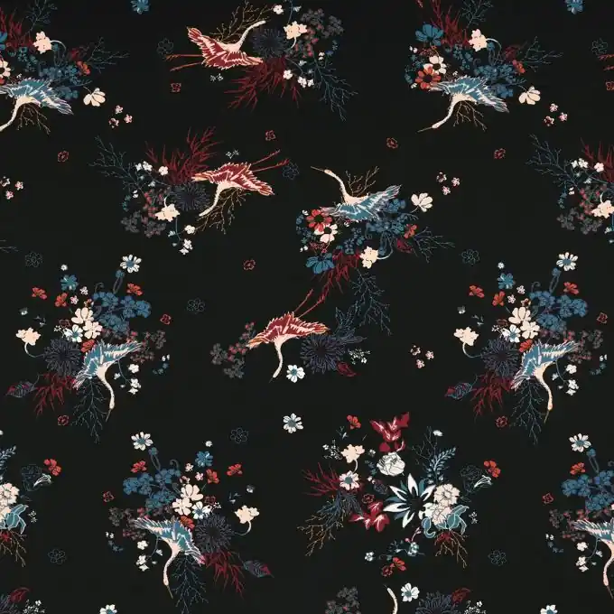 Top-Qualität Crêpestoff Vögel schwarz