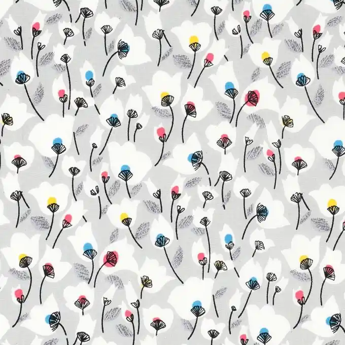 Neu Popeline Stoff Grau Bunte Tulpen 145 cm Breit