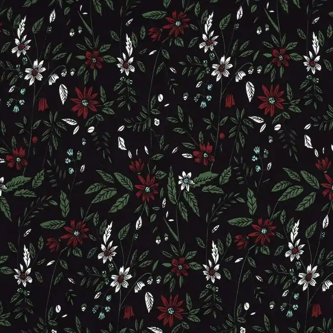 Sale Popeline-Stoff mit Blättern und Blüten in Schwarz