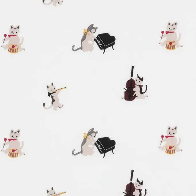 Aktuell Baumwoll-Popeline, bedruckt mit musizierenden Katzen auf ecrufarbenem Grund