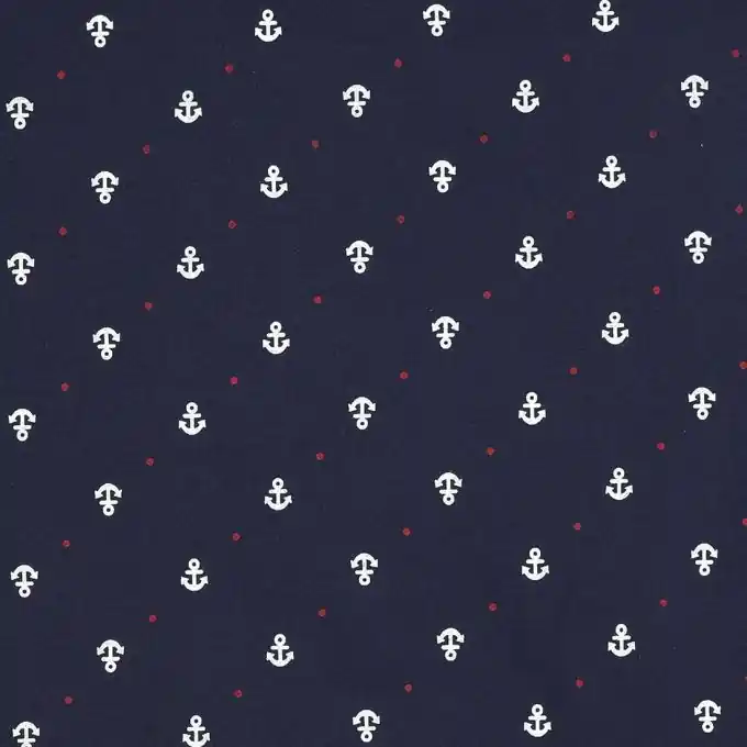 Popeline-Stoff mit Muster aus Ankern und blauen Tupfen Premium