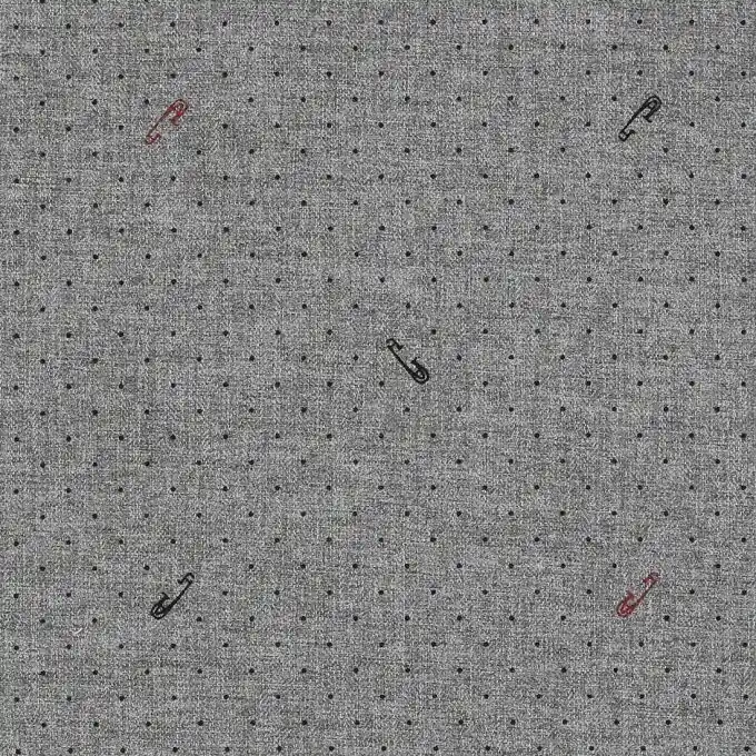 Solange Der Vorrat Reicht Popeline-Stoff mit Nadelmotiven auf grauem Hintergrund