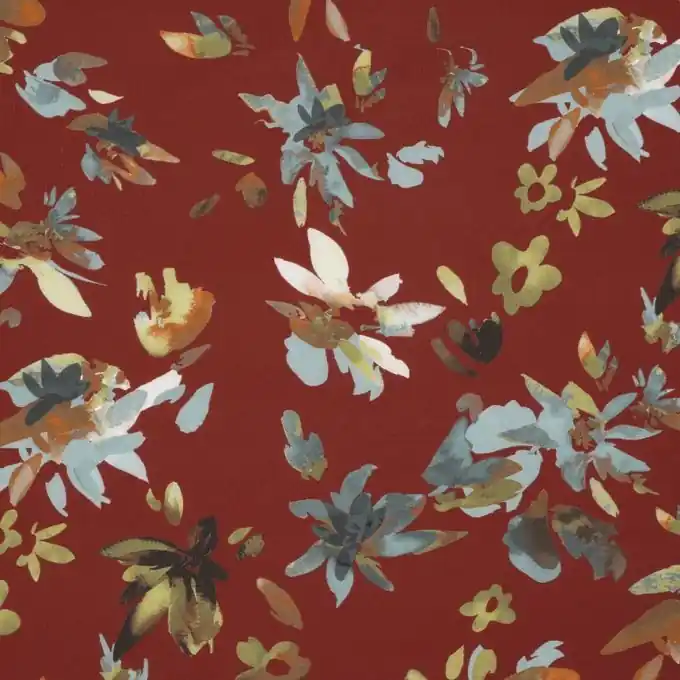 Finale Aktion Neopren Stoff mit Blumenmuster auf bordeauxfarbenem Hintergrund