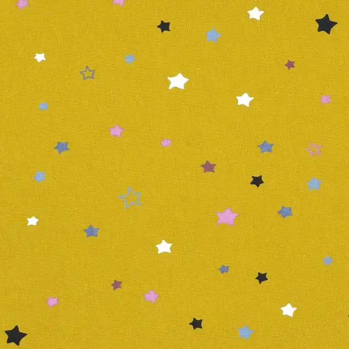 Kostenloser Rückversand Senfgelber Jersey-Stoff mit bunten Sternen