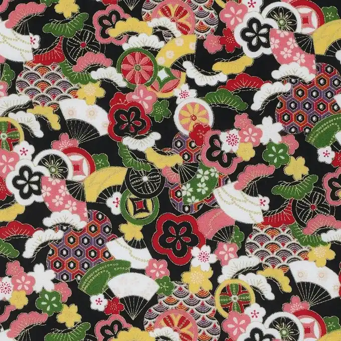 Popeline Blumen Fächer schwarz Mengenrabatt