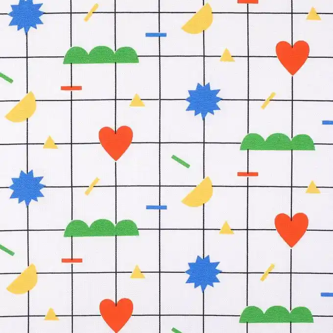 Original Stoff Baumwolle mit bunten Aufklebern