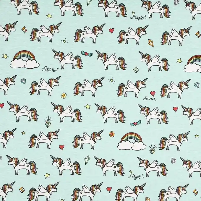 Neue Kollektion Türkis farbener dicker Baumwollstoff mit Einhornmotiv