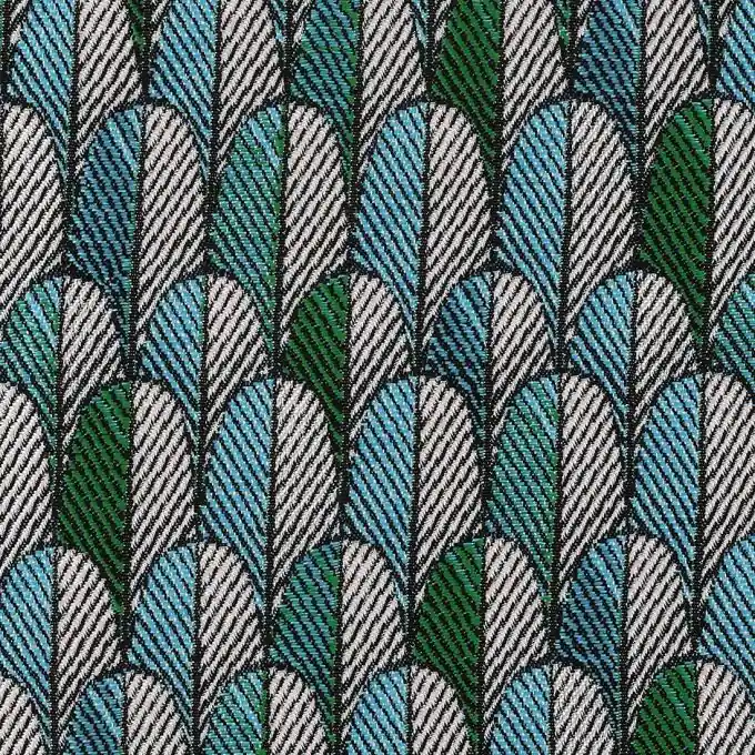 Blauer und grüner Jacquardstoff mit Federn Echt