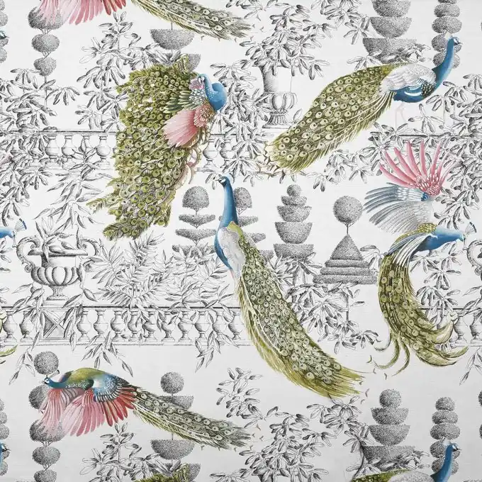 Limited Edition Dicker Baumwollstoff mit Garten und Pfauenmotiven in Beige