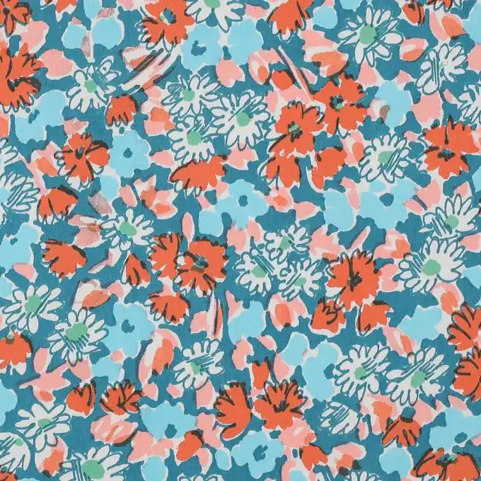 Satin Baumwollstoff Blumen blau orange Kostenfreie Lieferung