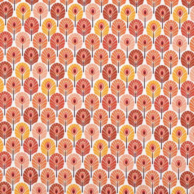 Markenprodukt Baumwollstoff mit Mini-Pfauenfedern, orange