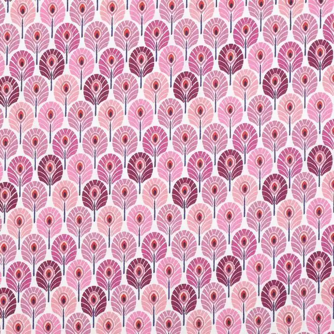 Markenware Baumwollstoff mit Mini-Pfauenfedern, rosa