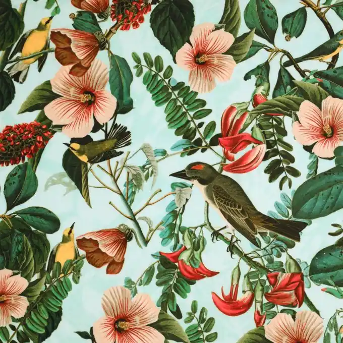 Samtstoff mit exotischen Blumen in Grün Angebot