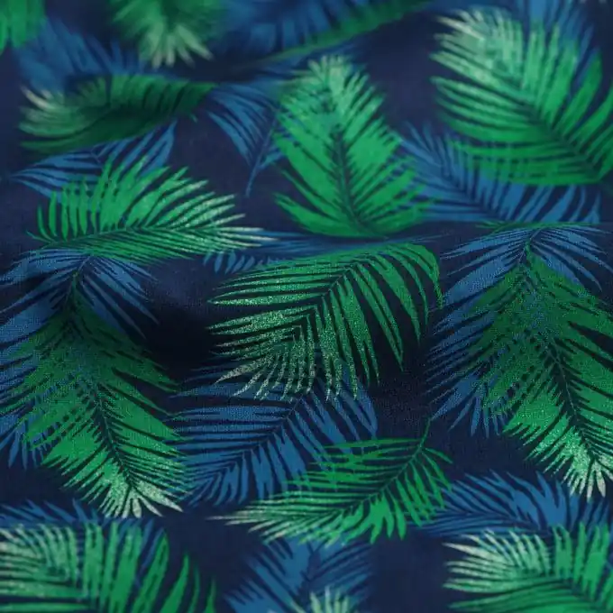 Baumwollstoff mit kleinen Palmen in Grün und Blau Geld-Zurück-Garantie