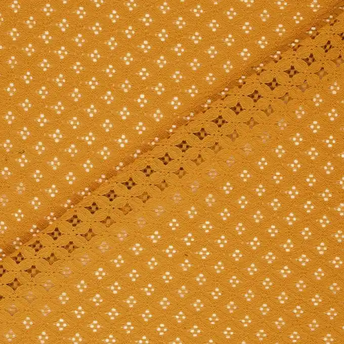 Echt Stoff mit englischen Stickerien Senfgelb