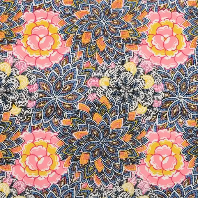 Viskosestoff Blumenmotiv Blau/Rosa Großhandel