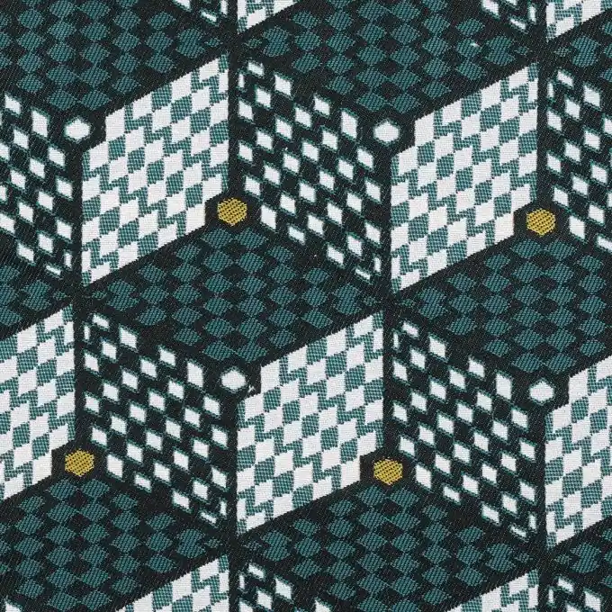 Blauer geometrischer Lome-Jacquardstoff – Sophie Ferjani Handgefertigt