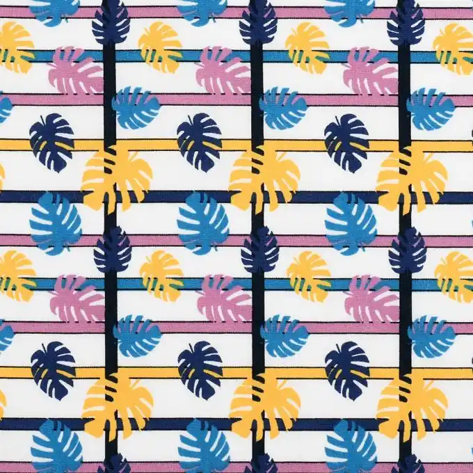 Saisonangebot Popeline Baumwolle Blattmotive Gelb/Blau