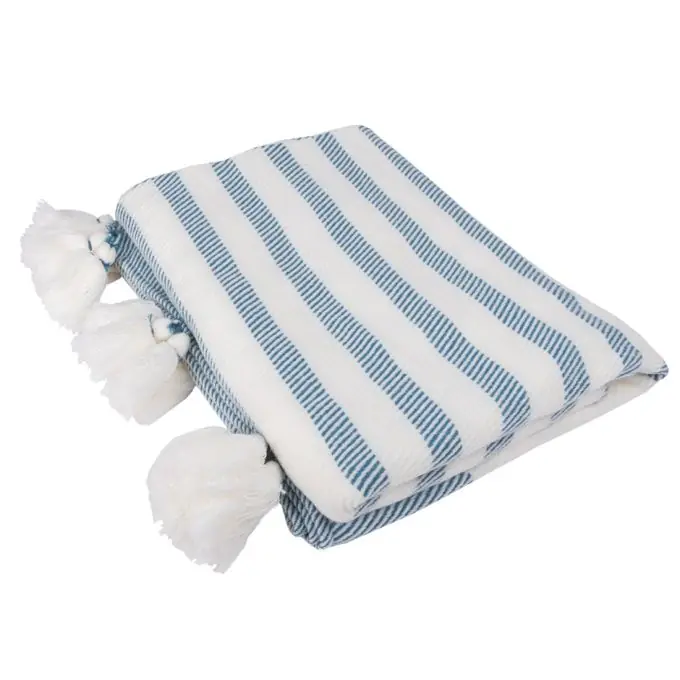 Blau gestreifte Decke mit Bommeln 127×152 cm Aktuell
