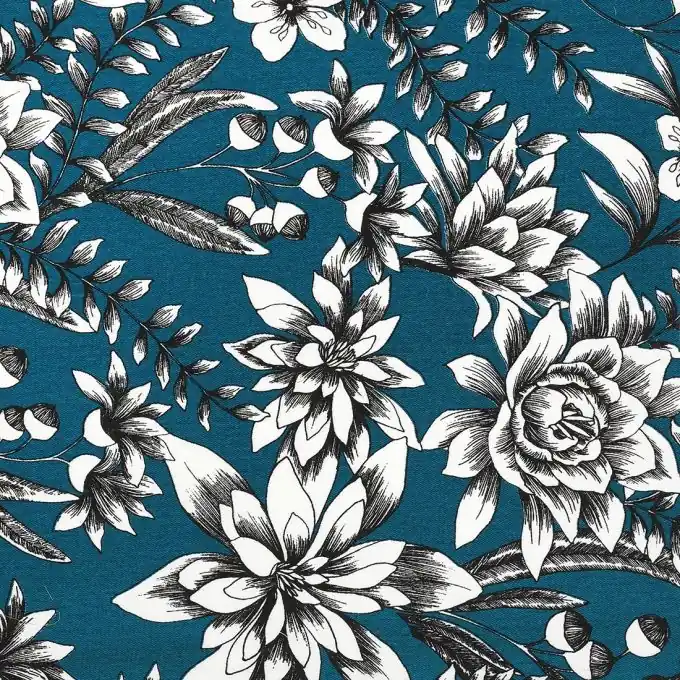Blauer Köperstoff Blumenmotiv Exklusiv