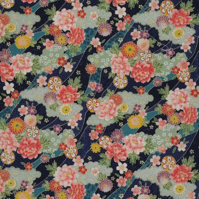 Bestpreis Popeline Baumwolle asiatisches Blumenmotiv Marineblau