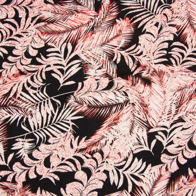 Viskosejersey Blatt-& Federmotiv Rosa/Schwarz Ab Werk