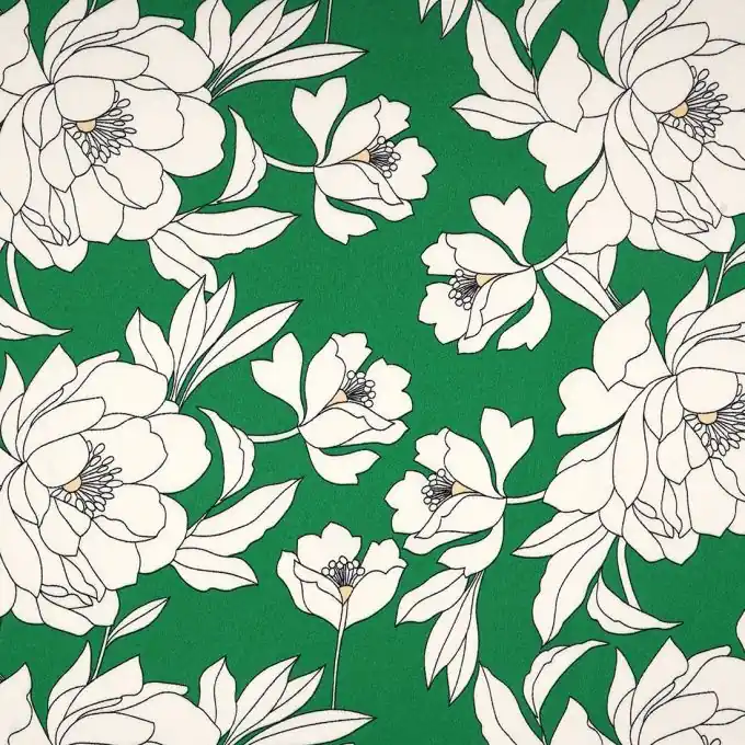 Knallerangebot Grüner Crêpe-Stoff mit großen Blumen 145cm Breite