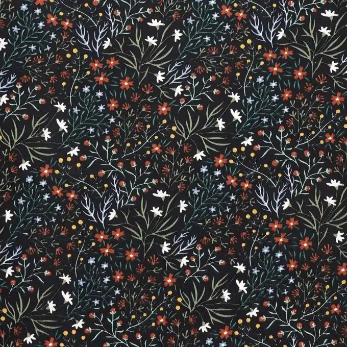 Popeline Baumwolle Marineblau Blattmotiv Exklusiv