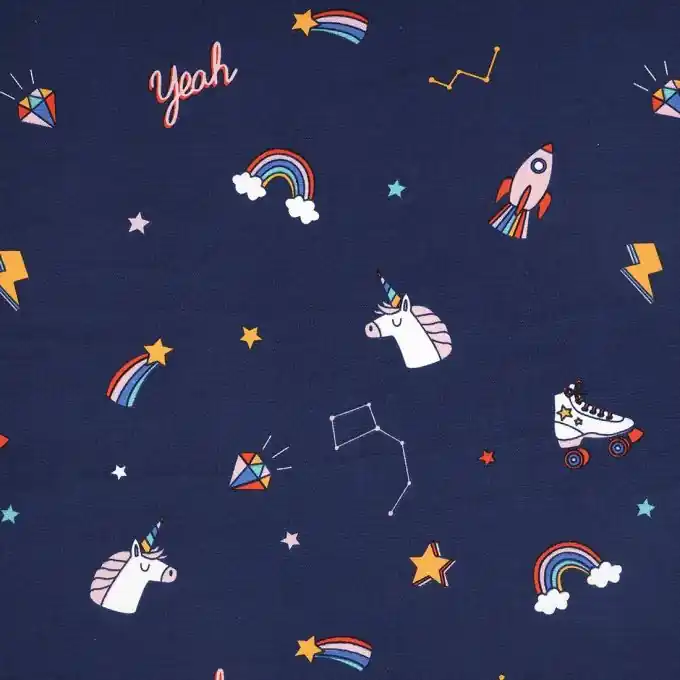 Abverkauf Dicker Baumwollstoff Marineblau Einhörner