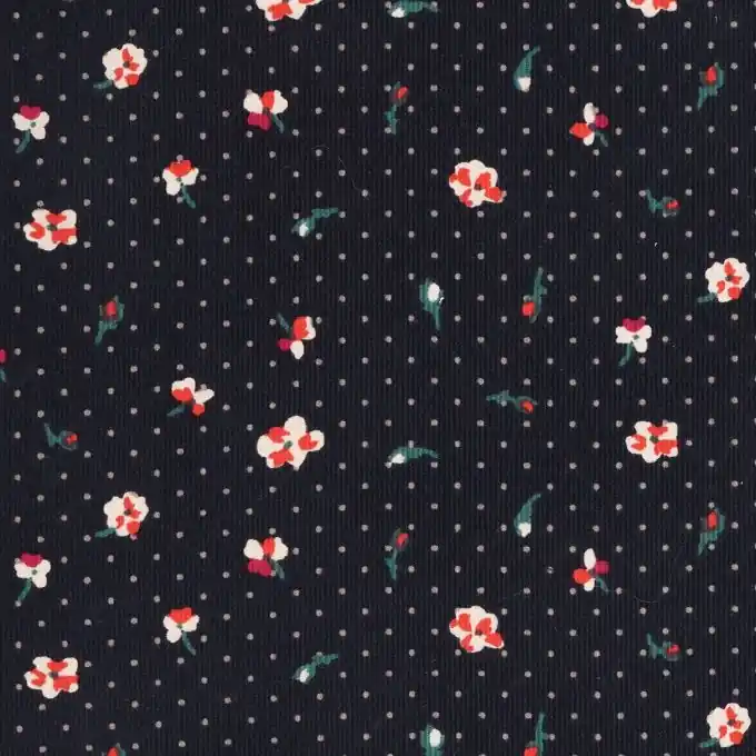 Wochenendangebot Stoff aus marineblauem Baumwoll-Velours mit Blumen- und Punktmuster