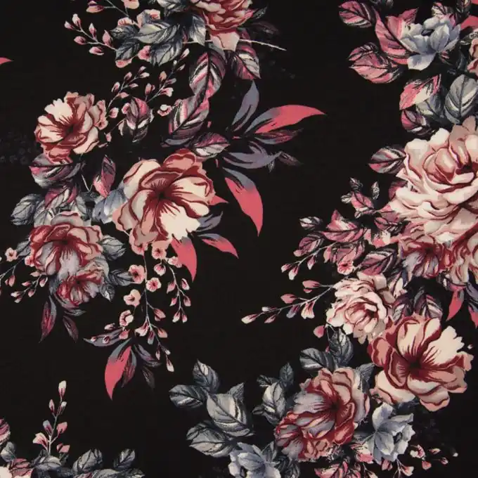 Crêpestoff Blumenmotiv Schwarz Rabatt