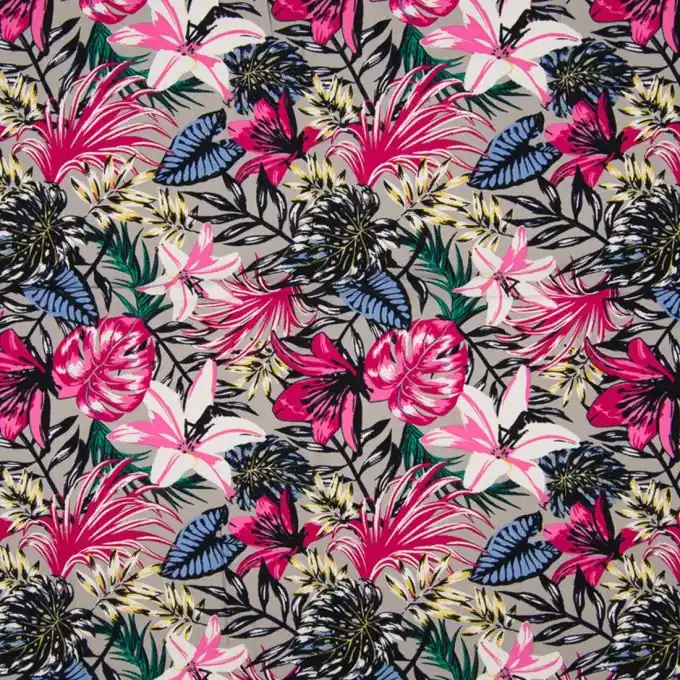 Popeline Viskosestoff exotisches Blumenmuster Grau Geld-Zurück-Garantie