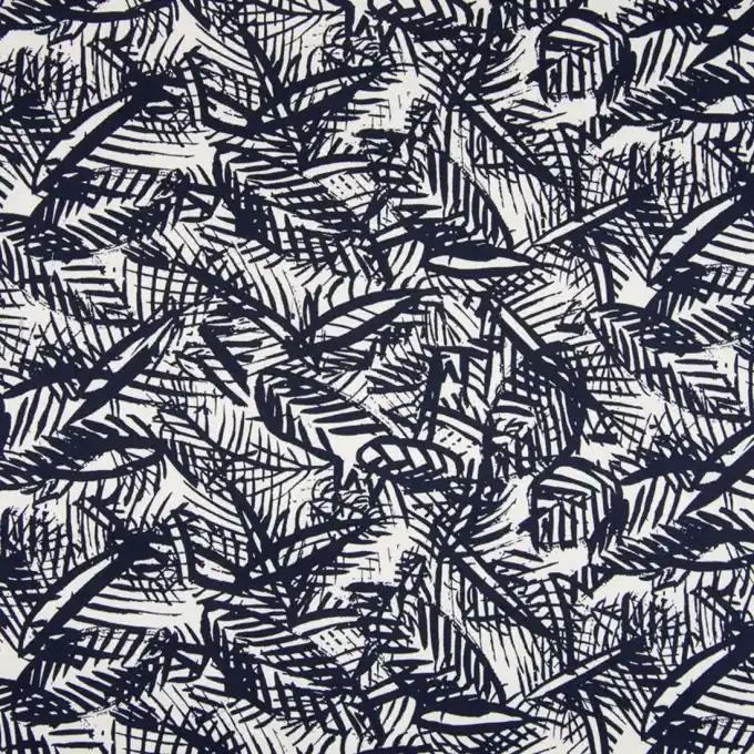 Baumwollsatin Stretch Blattmuster Marineblau Online Kaufen