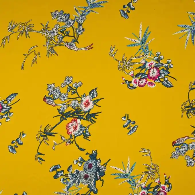 Polyesterstoff Blumen Senfgelb Neu