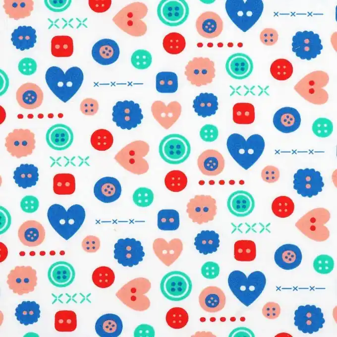Knallerangebot Baumwoll-Popeline-Stoff mit mehrfarbigen Herzknöpfen