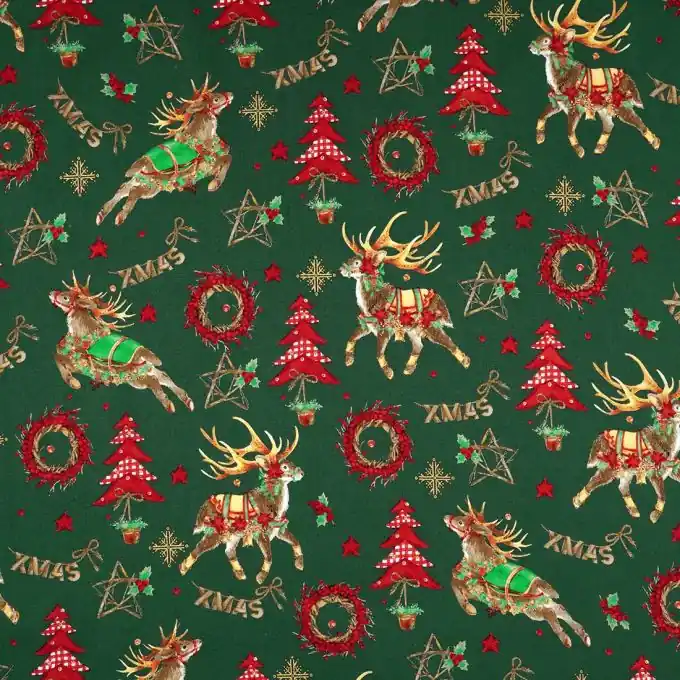 Baumwollstoff Renntiere Grün Mengenrabatt