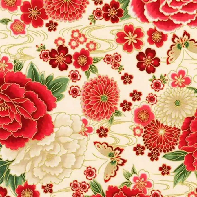 Baumwollstoff Blumen Rot/Beige Neue Ware